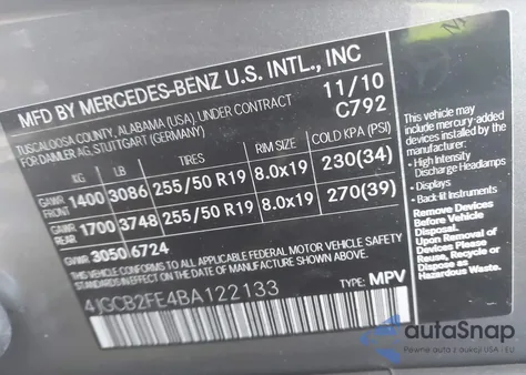 2011 Mercedes-Benz R 350 Bluetec 4Matic из США, поврежденный, VIN 4JGCB2FE4BA122133